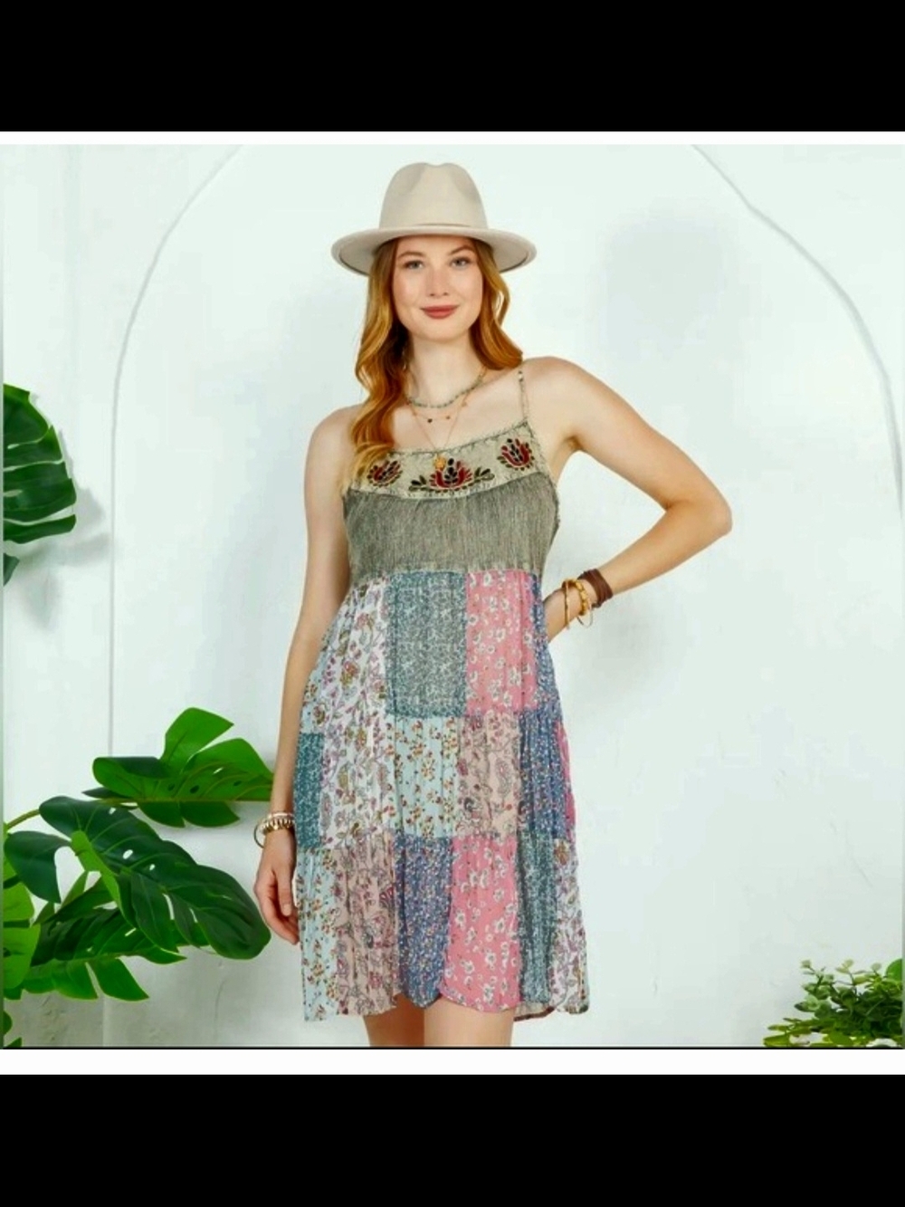 Young Threads Boho Patchwork Tiered Midi Dress in Olive & Floral Sz S - Picture 12 of 13